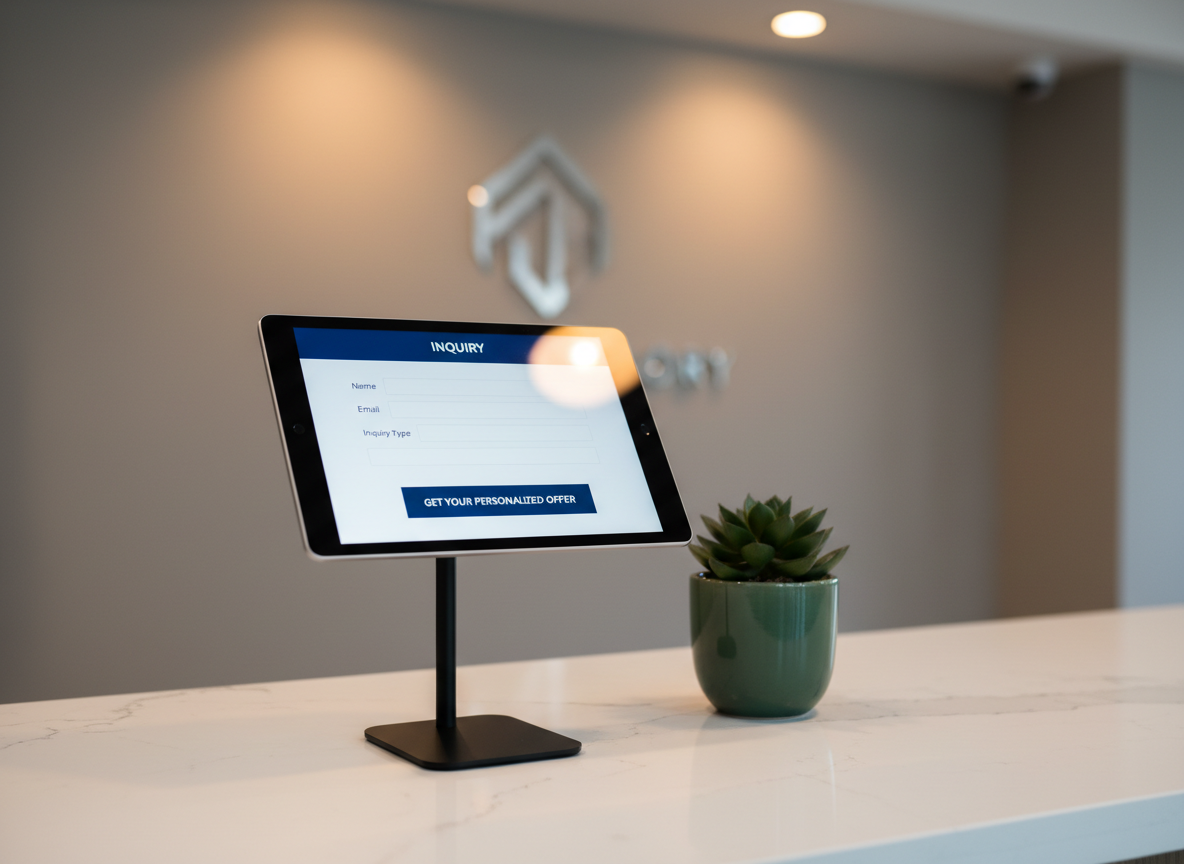 A high-resolution, photographic image of a stylish, minimalistic inquiry station in a tax advisory office, featuring a tablet on a slim black stand displaying a clean, white-and-navy digital inquiry form with clear fields and a prominent call-to-action button. The tablet rests on a pristine white quartz countertop with subtle veining, beside a small, well-kept dark green plant in a matte ceramic pot. Soft, warm-toned recessed ceiling lights provide even illumination, producing gentle reflections on the tablet screen while avoiding glare. The background reveals a softly blurred reception wall with the faint outline of a modern logo plaque. Captured at eye level with a slight three-quarter angle, the image feels inviting, efficient, and client-focused, ideal for illustrating quick, offer-driven contact on a landing page.