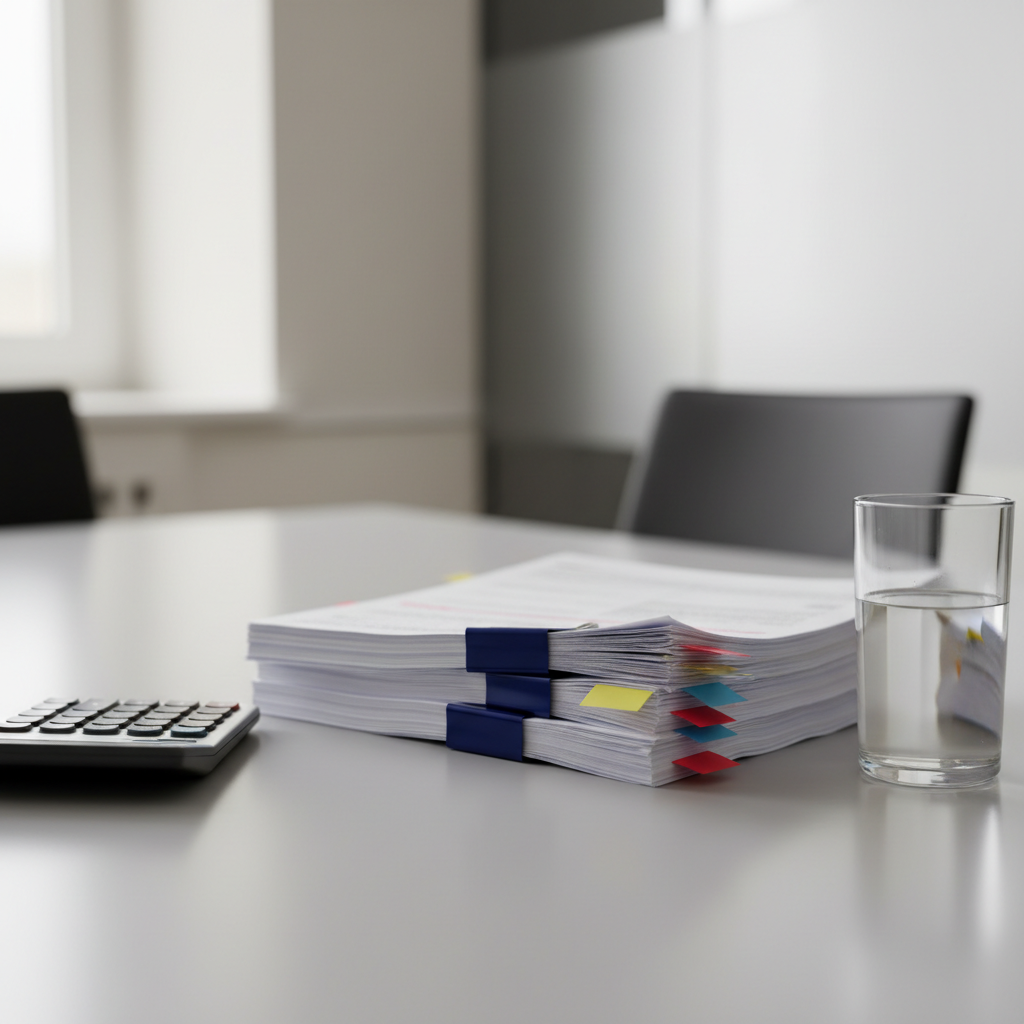 A close-up, photographic view of a neatly stacked set of tax documents secured with a navy-blue binder clip, placed on a smooth light gray conference table. Color-coded sticky tabs and precise annotations are visible along the edges of the papers, with a slim silver calculator and a minimalist glass of water positioned nearby. Soft overhead office lighting combines with faint natural light from an unseen window, creating subtle highlights on the paper and calculator buttons. The mood is organized, meticulous, and reassuring. Shot from a slightly elevated angle with shallow depth of field, the focus rests on the detailed paperwork while the background fades into a soft blur of neutral office tones, conveying accuracy, diligence, and attention to detail for a tax advisory service section.
