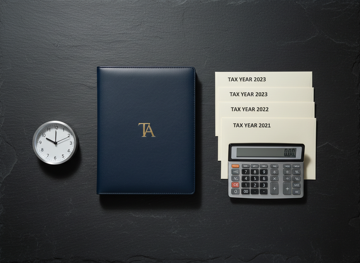 A detailed, photographic still life of tax advisory tools arranged with precision on a dark slate surface. At the center lies a closed navy-blue leather-bound folder embossed subtly with a gold monogram, next to a neatly aligned stack of labeled tax year envelopes and a slim, modern calculator with a brushed aluminum finish. A small desk clock with a white face and simple black markings emphasizes timeliness. Directional side lighting from the left creates refined highlights on the metal surfaces and a gradient of soft shadows across the slate, enhancing texture. The composition follows the rule of thirds with objects grouped in balanced clusters, shot from a slightly elevated top-down angle. The mood is composed, reliable, and detail-oriented, visually underscoring concepts of preparedness, organization, and long-term tax planning.